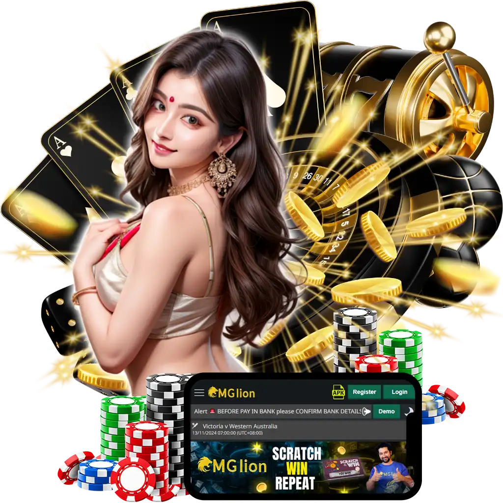 mglion with woman model casino images on the background with mobile phone